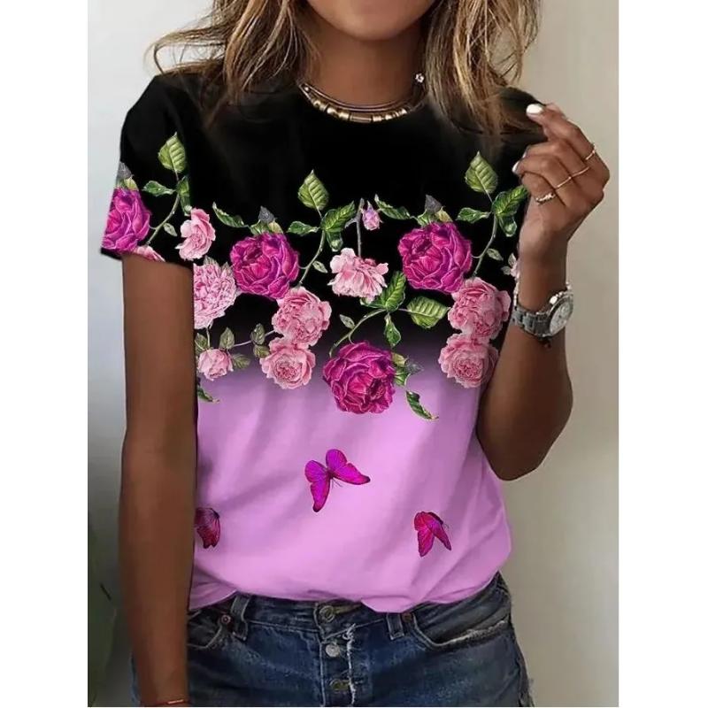 Modisches Damen-T-Shirt mit Rundhalsausschnitt, 3D-Farbdruck