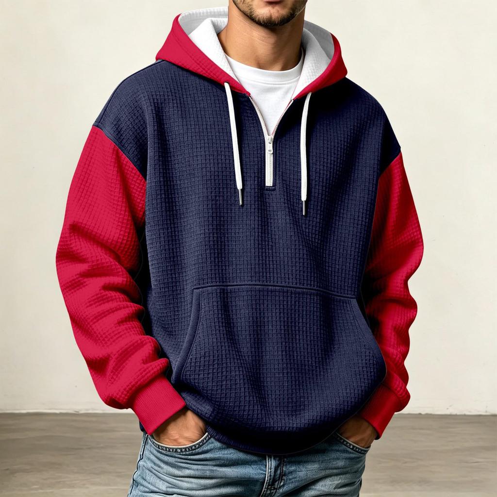 Men's Half-Zip Hooded Sweatshirt Knit Color Block Casual Pullover