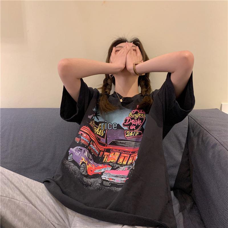 T-Shirt im koreanischen Stil mit Retro-Print, lockere Passform, kurze Ärmel für Damen - Übergröße, Frühjahr 2023