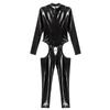 Kvinners ett stykke langermet skrittløs jumpsuit Wet Look Patent Leather Glidelås Bodysuit Catsuit