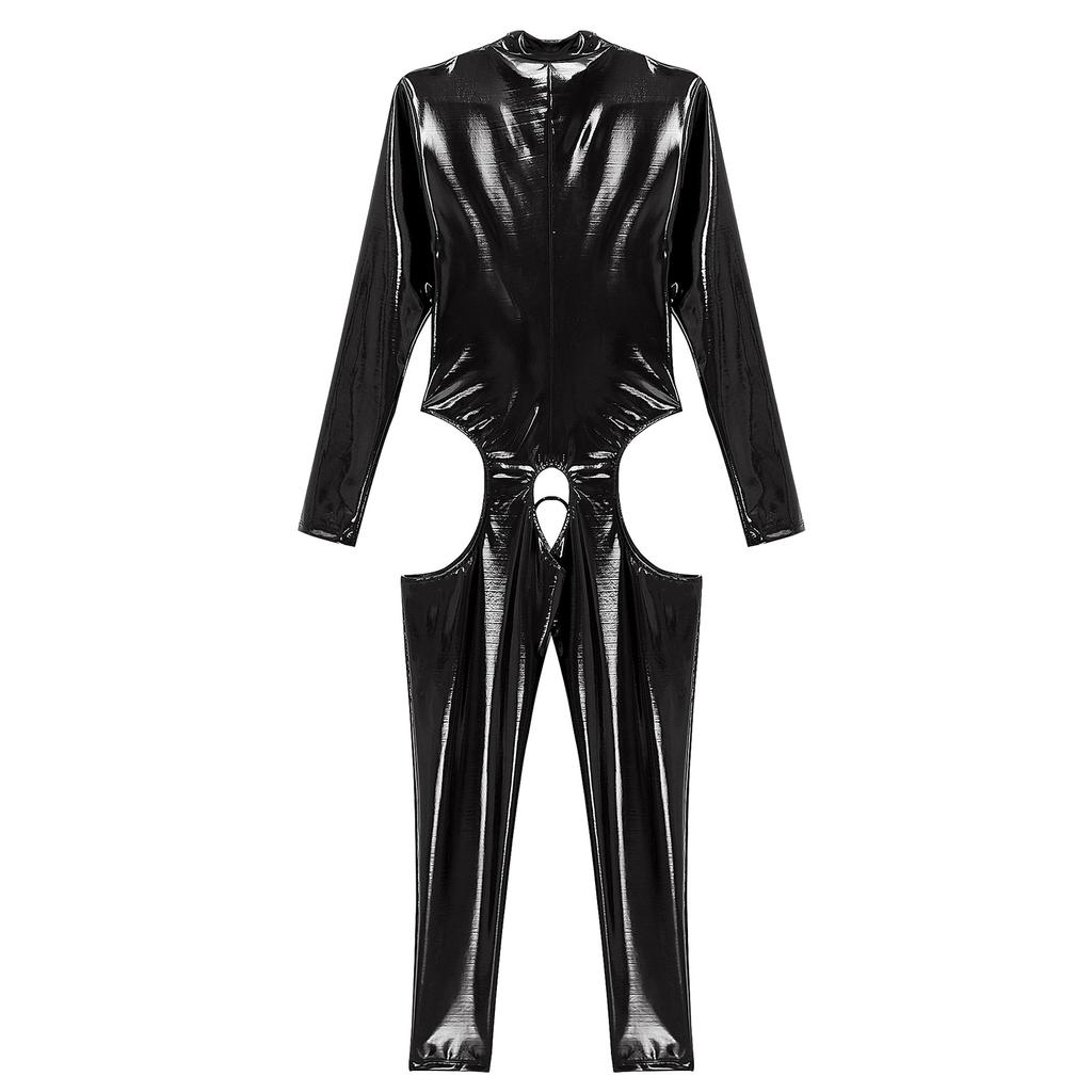 Kvinners ett stykke langermet skrittløs jumpsuit Wet Look Patent Leather Glidelås Bodysuit Catsuit