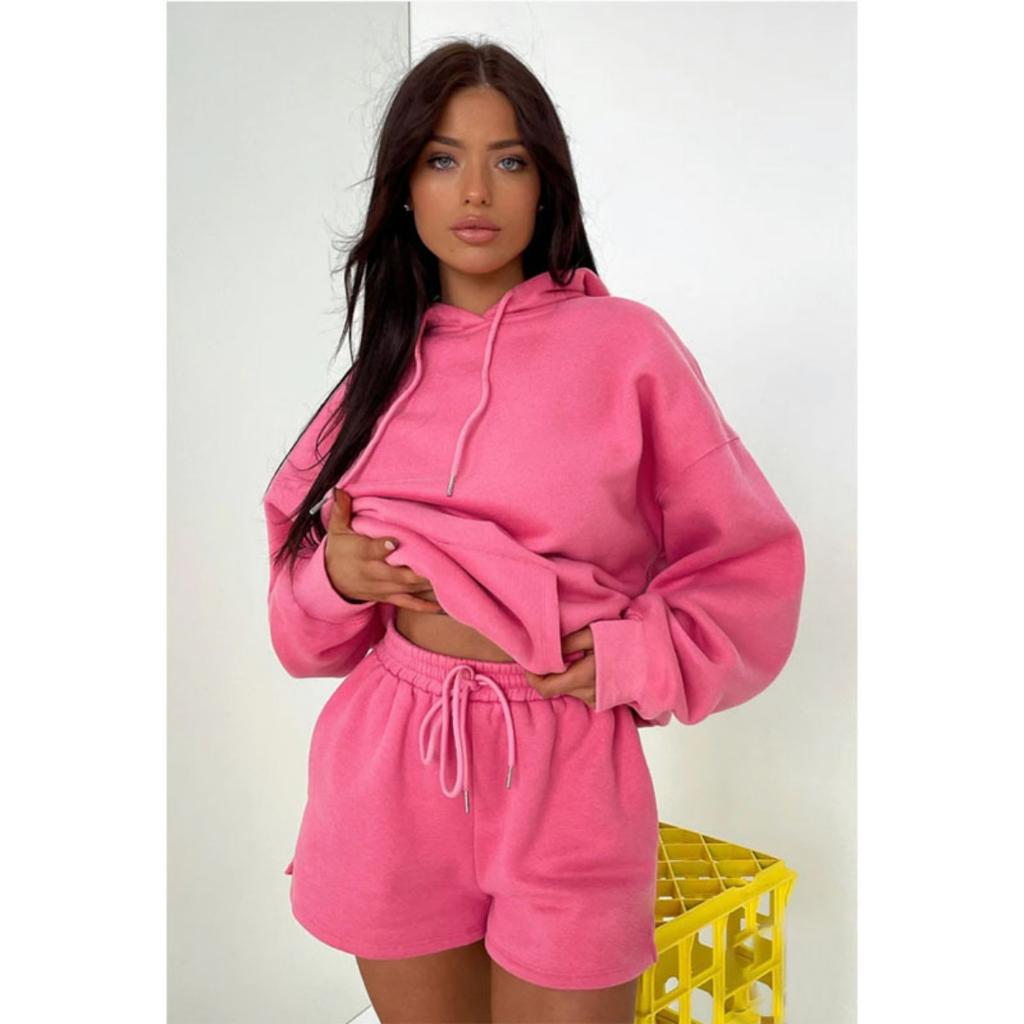 Autumn and Winter New Product Solid Color Thickened Velvet, Hooded Long Sleeve Hoodie, Women's Fashion Casual Shorts Set