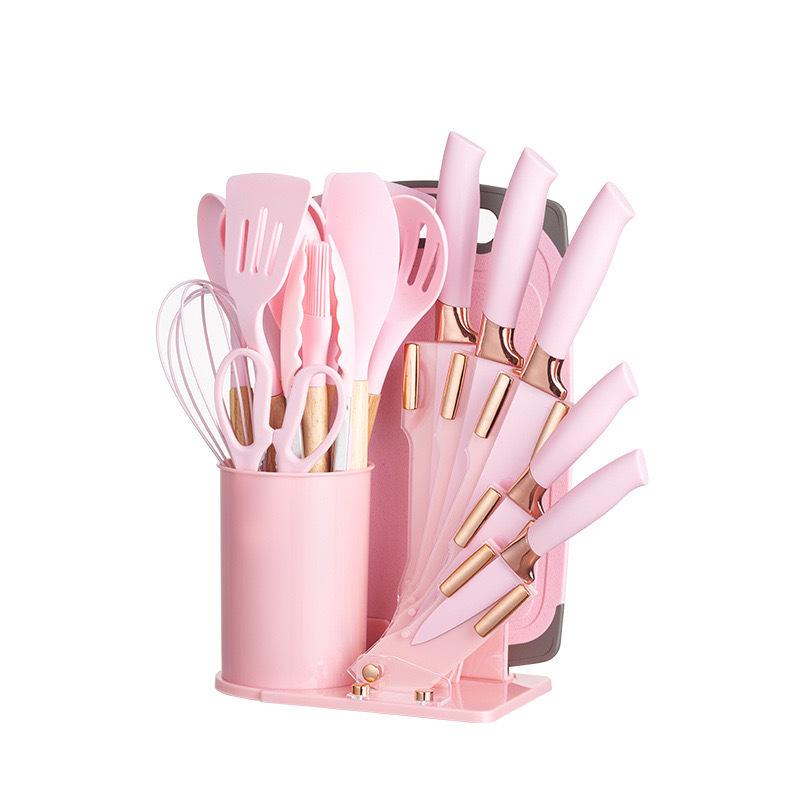 Customized 19-Piece Silicone Kitchenware Set Non-Stick Pan Suitable Kitchen Knives Shovel & Spoon Cooking Utensils (Pink,Xxl)