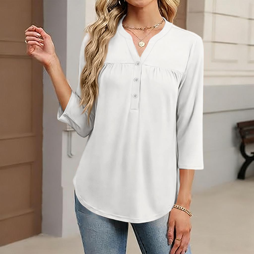 Women's Fashionable Casual Color V-Neck Decorative Button Three-Quarter Sleeve T-Shirt Top