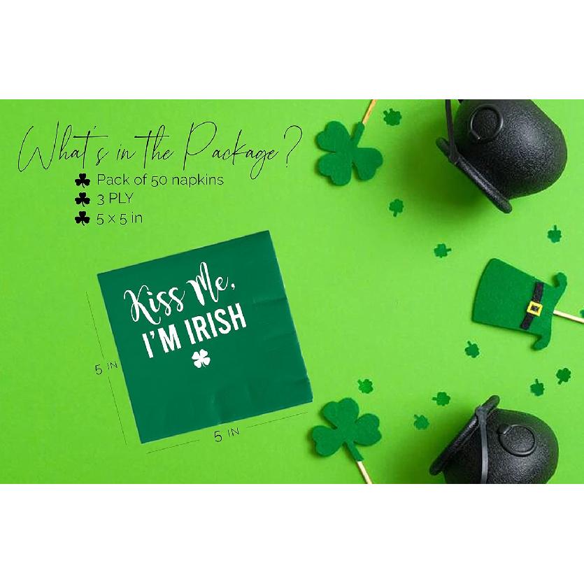 52 Pcs Kiss Me I'm Irish St Patricks Day Napk Paper - Green Shamrock Napk with Gold Foil for Dinner or Cocktail Parties - St. Patrick's Decorations