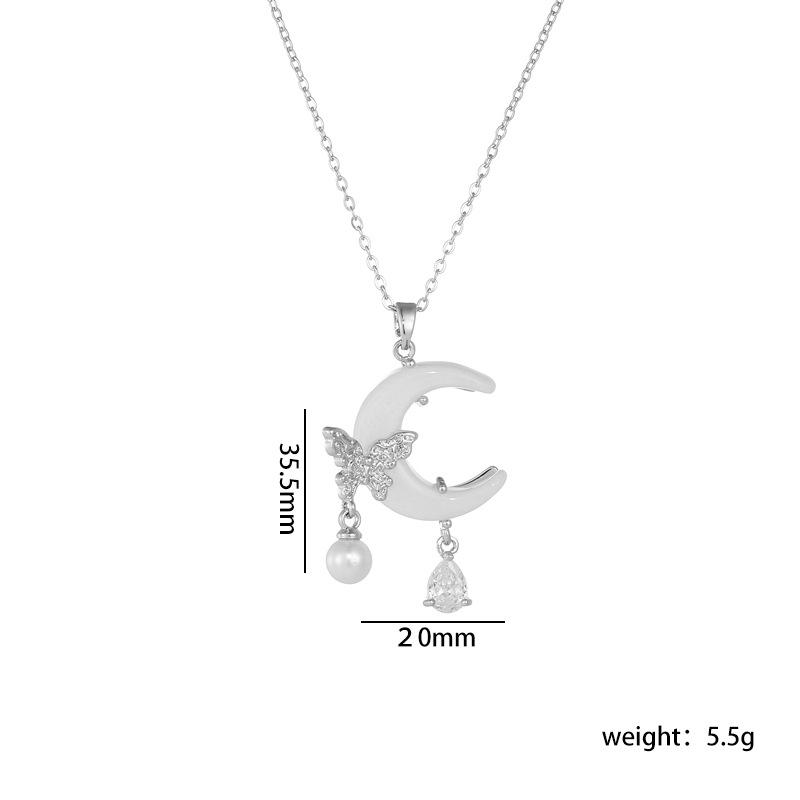 Stainless Steel Chain Sweet Shiny Zircon Butterfly Resin Moon Pendant Necklace for Women Lady Fashion Jewelry Accessories Gifts