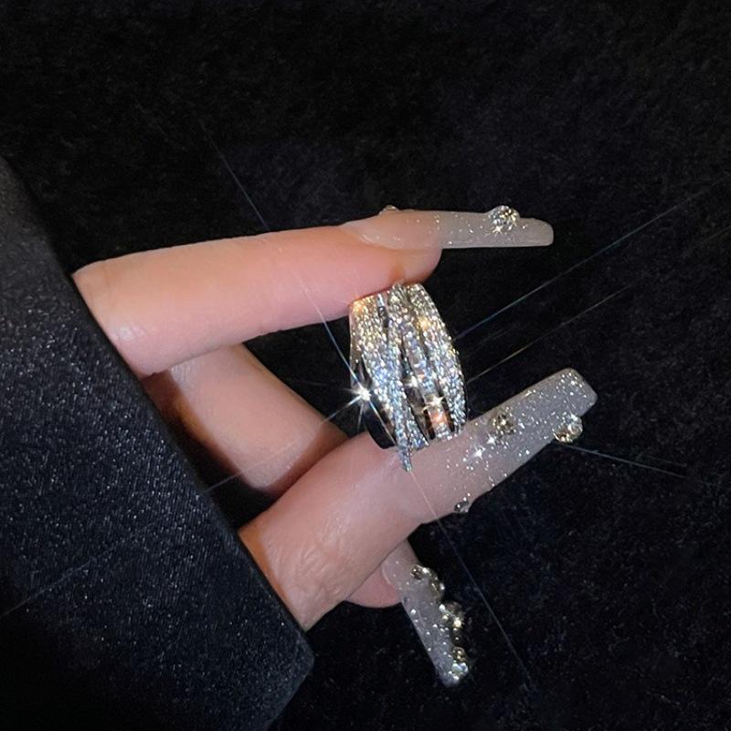 S925 Silver Plated Open Crossover Ring for Women, Wide Band, Trendy Light Luxury Style with Simple Lines for Index Finger.
