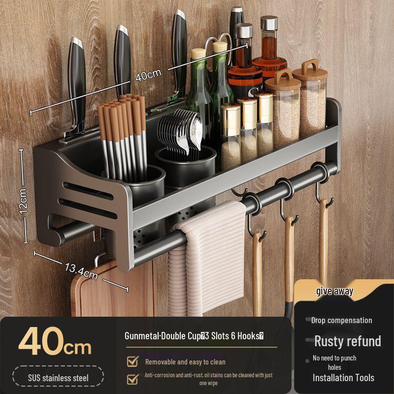 Stainless Steel Wall-Mounted Kitchen Rack with Chopstick, Knife, and Spice Storage