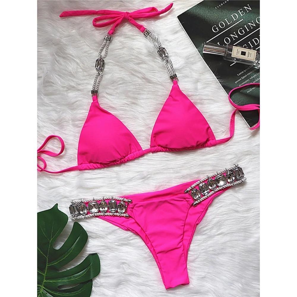 

Холтер блестящие кристаллы и бриллианты бикини женский бандажный купальник женский купальник со стразами комплект бикини бразильский купальный костюм для плавания L