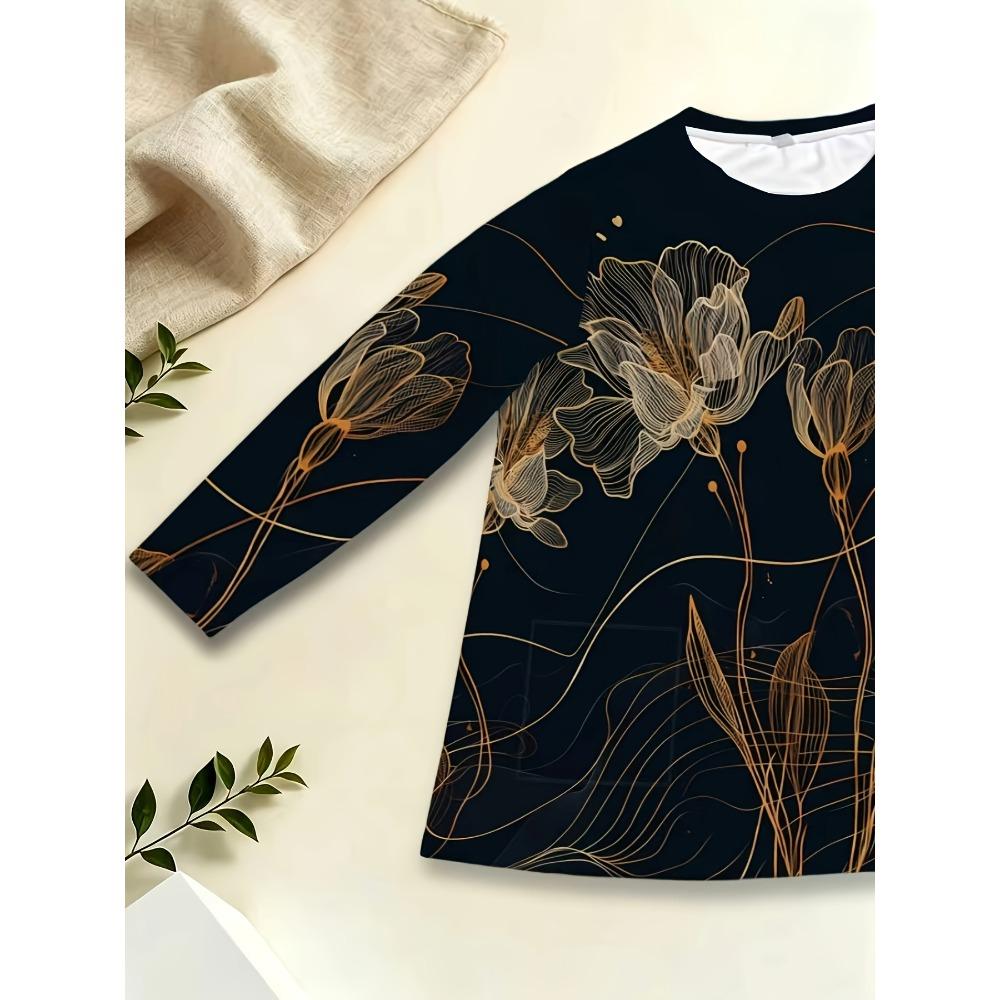 Women's large size with pocket design gold flower embroidered loose T-shirt women's autumn new long-sleeved fashion temperament versatile medium