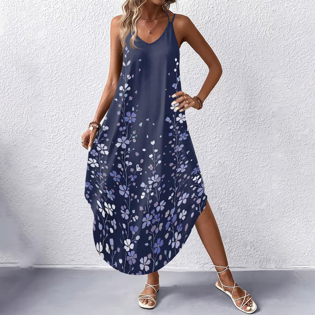 Women V Neck Floral Print Sleeveless Maxi Dress with Pockets Loose Fit Summer Beach Long Dress for Casual Wear