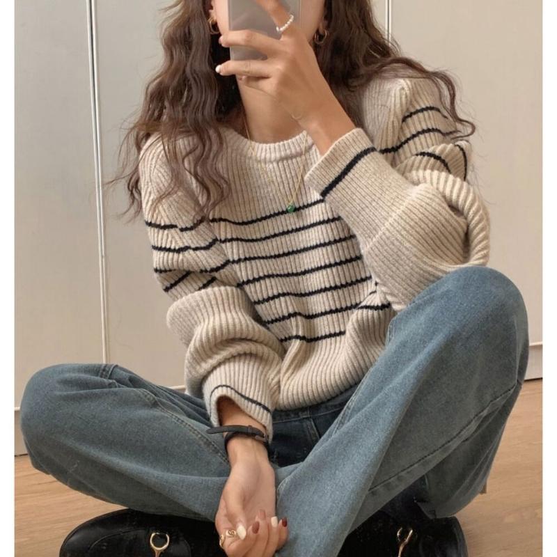 

Шикарные осенне-зимние пуловеры с круглым вырезом, вязаный свитер, женские полосатые свободные свитера с длинным рукавом, модные, повседневные, теплые женские джемперы 25644 One Size бежевый