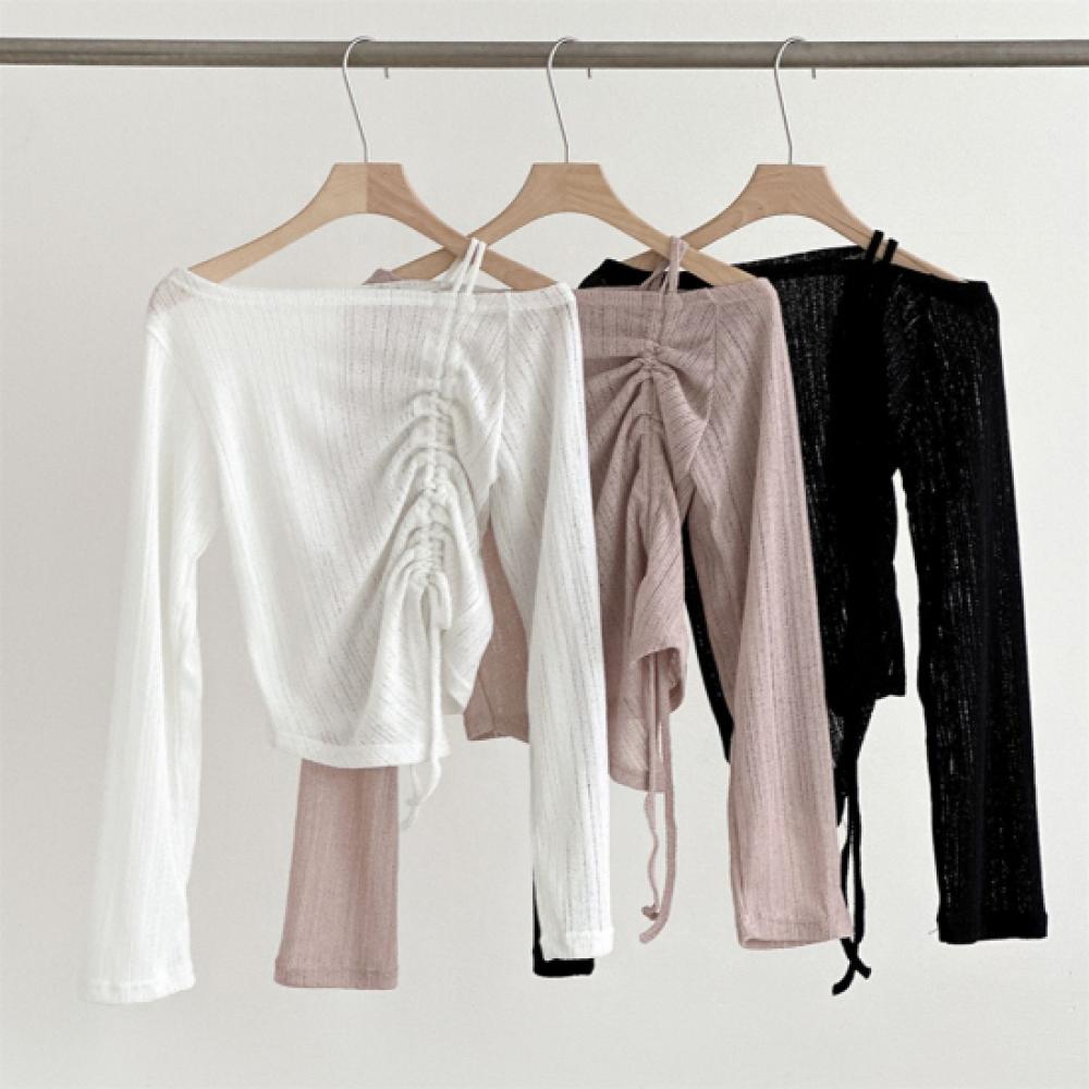 New Arrivals Open Run Women Sheer One Shoulder Shirred Long Sleeve T shirT Fall