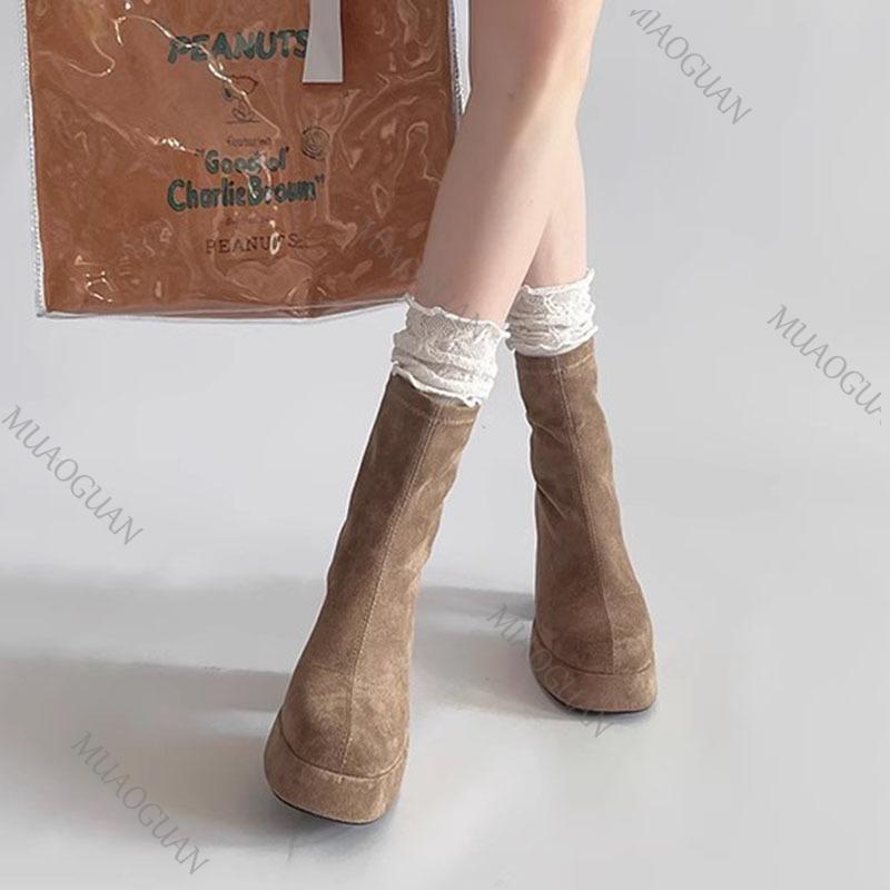 Fashion Autumn Women Ankle Boots Short Ladies Platform Square High Heels Female Shoes Fashion Solid Suede Chunky Heeled Botines Mujer