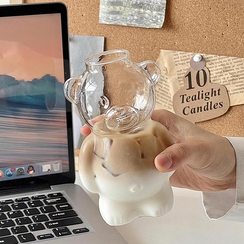 Cartoon Bear Shaped Coffee Mug Cute Bear Mug Glass Cup With Straw Transparent Creative Glass Juice Cup Milky Tea Cup