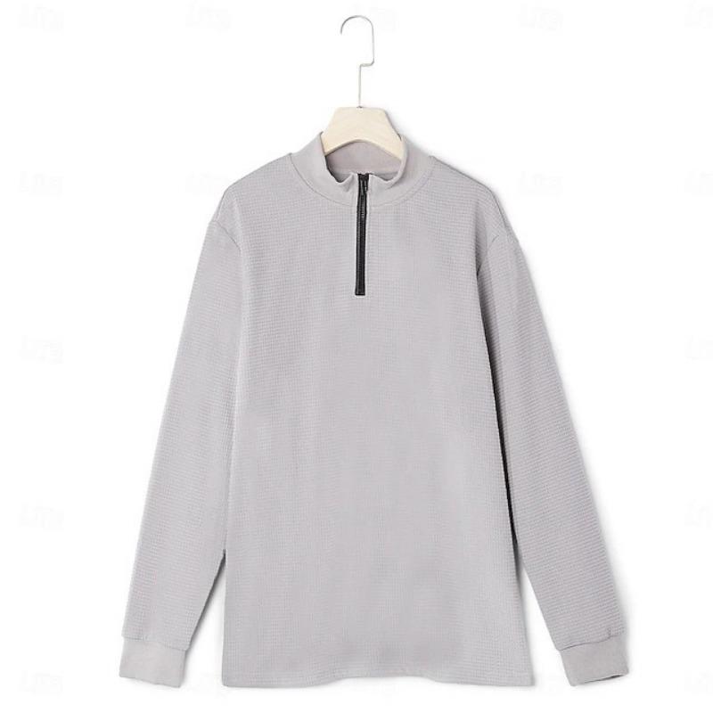 Men Waffle Knit Long Sleeve Top Half Zip Stand Collar Casual Pullover