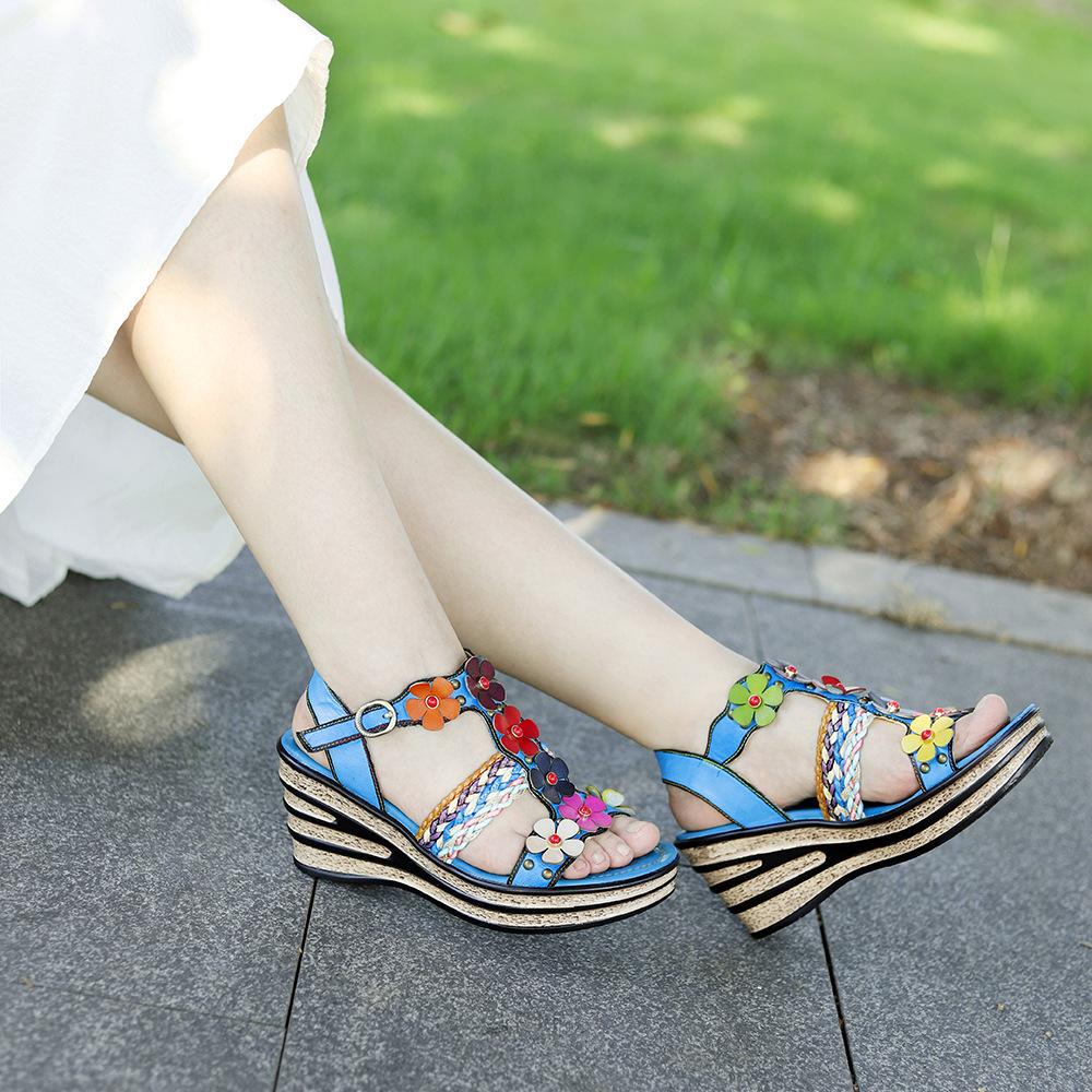 Handmade Painted Slippers For Women Loose Round Toe Ethnic Style Retro Flower Beach Sandals