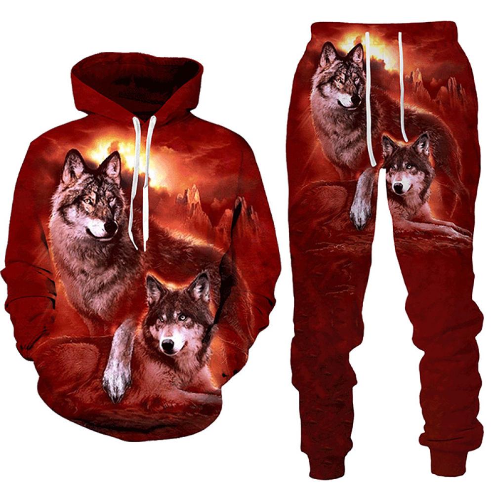 Vilks 3D Drukāts Hoodie Bikses Uzvalks Vīriešu Pavasara un Rudens Ikdienas džemperis Pulovers Vīriešu Treniņtērpa komplekts Modes Vīriešu apģērba Uzvalks