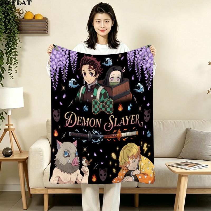 1PC Demon Slayer Patterned Flannel Blanket Suitable For All Seasons For Home Decor Warmth And Comfort Gifts Holiday Present