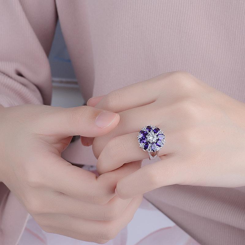 Trendy Rings CopperJewelry Ornaments Flower Shape Amethyst Zircon Gemstones Finger Ring Accessories for Women Wedding Party