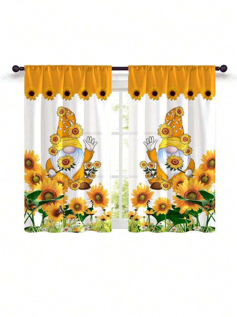 New Style Modern Fresh Checkered Sunflower Digital Printed Home Decoration Kitchen Short Window Curtains With Rod Pocket