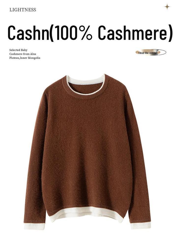 Pure Cashmere Color Block Round Neck Knit Sweater - Women's Long Sleeve Loose Fit Base Layer for Fall/Winter