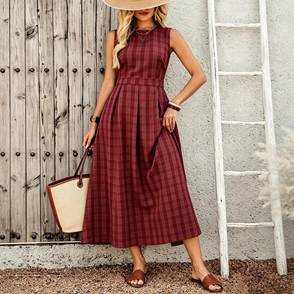 Women's Sleeveless Plaid Dress Round Neck Waist Cinched Midi Length Casual Summer Dress with Pockets and A-Line Silhouette