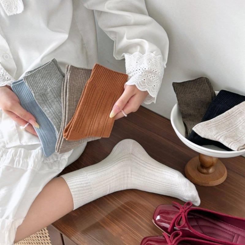 Striped High-end Solid Color Women's Socks, Mid-calf Socks, Simple and Basic Style, Versatile, High Slit, Anti-slip and Non-dropping Heels, Pile Socks