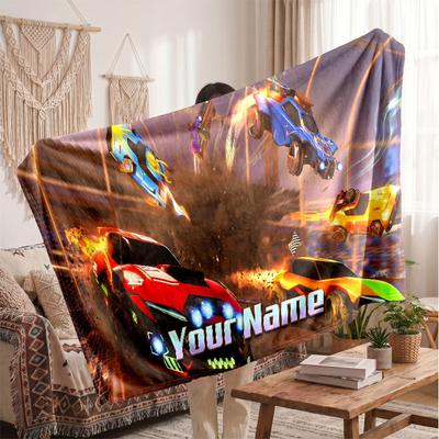 Rocket League Personalized Flannel Blanket, Custom Printed Text Name, Warm Soft Blanket For Couch Bed