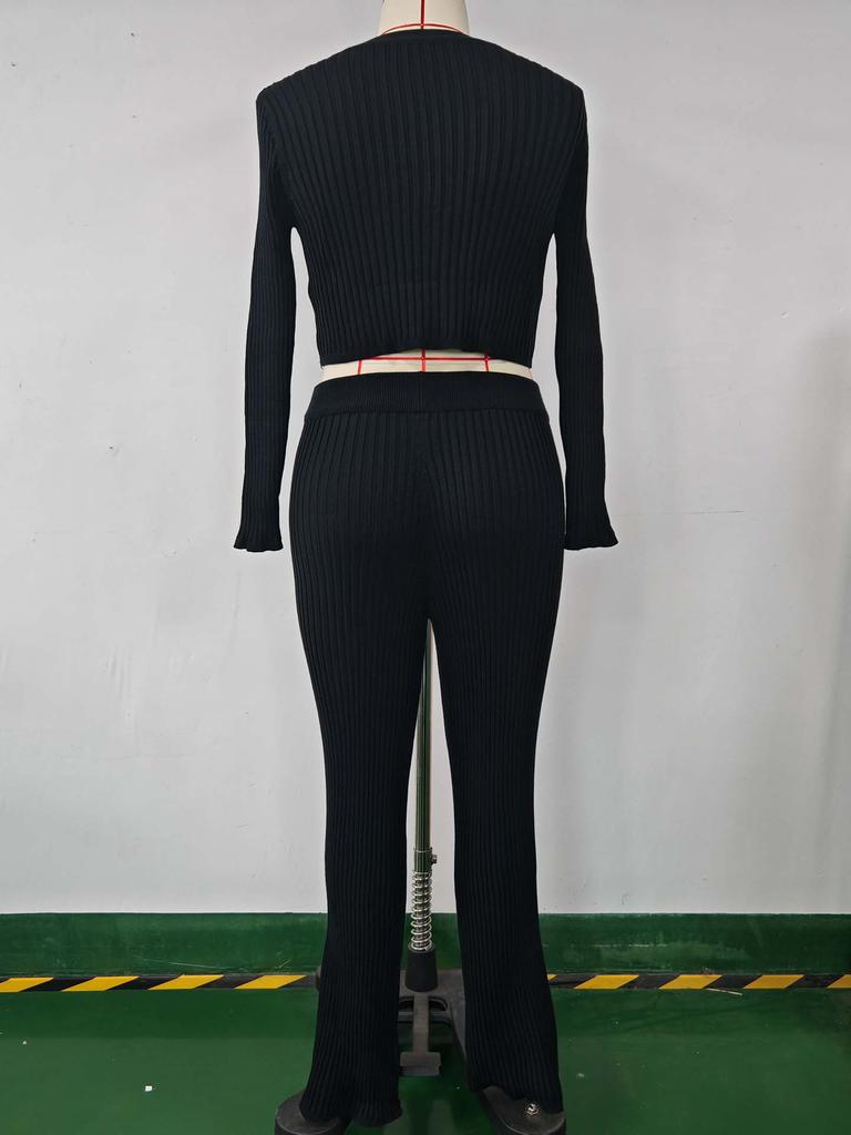 Solid Color Two-Piece V-Neck Short Knitted Cardigan Flared Pants