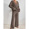 Women's Loose Fit Two-piece Loungewear Set Long Sleeve Knit Top Elastic Waist Wide Leg Pants Solid Ribbed Casual Tracksuit