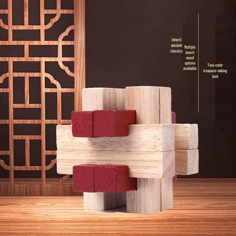Beechwood Two-Color Treasure Lock Luban Puzzle for Early Education and Cognitive Development