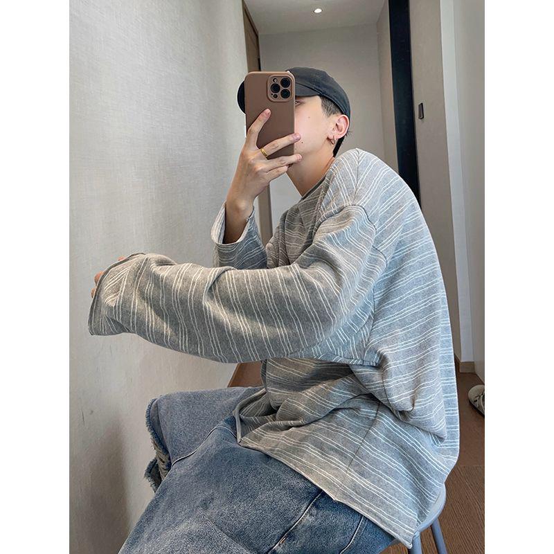 

Men s Autumn Retro Striped Long Sleeve T-Shirt with Raw Hem Extra Large сірий колір