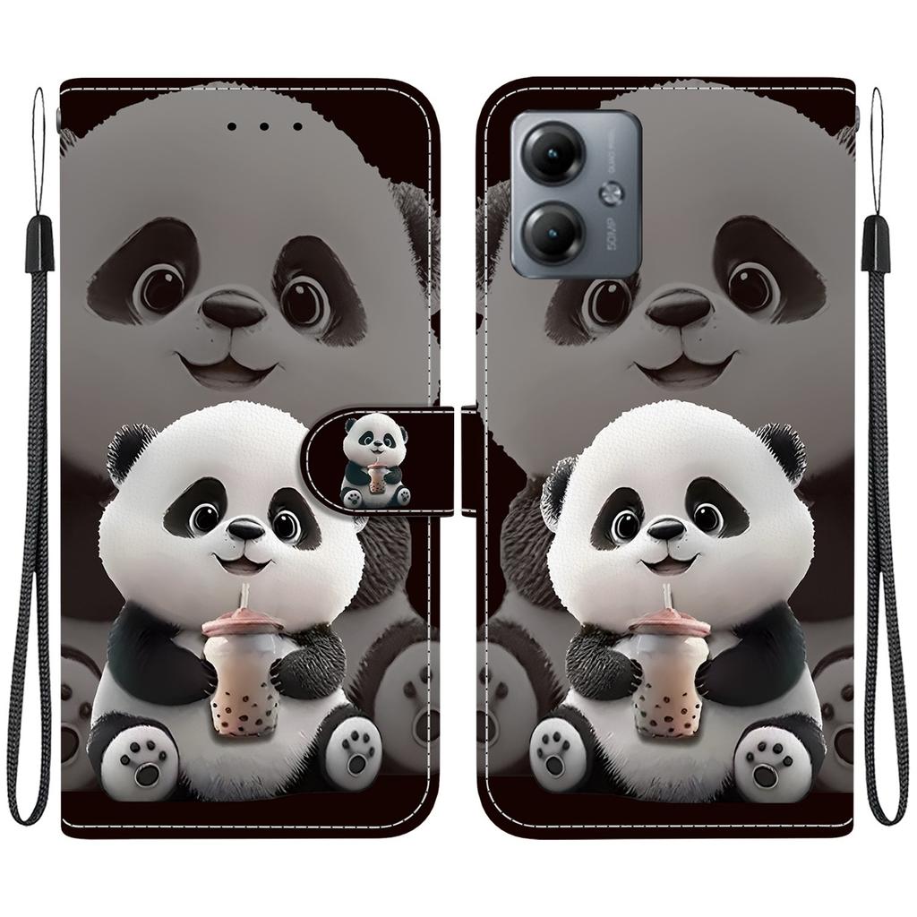 Handmade PU Leather Flip Case for Motorola Moto G14 Anti-Slip Shockproof Cover with Wrist Strap & Heart/Rose Cat Designs