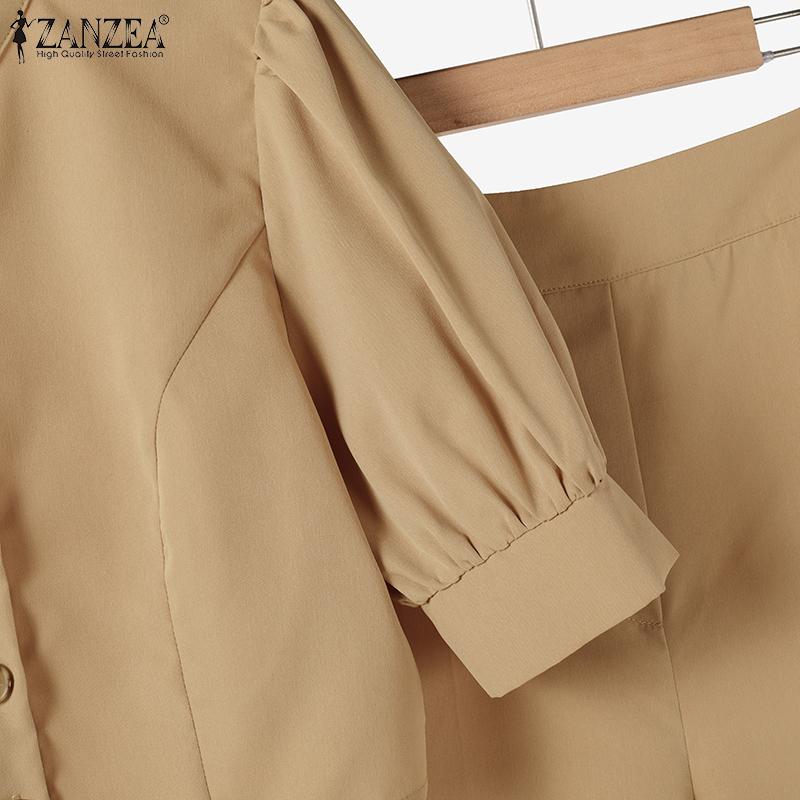 ZANZEA Women Puff Short Sleeve Blouse and Wide Leg Pants Summer Two Piece Suit Sets