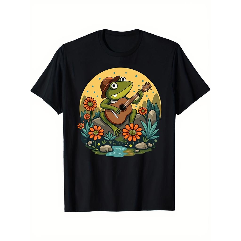 Frog Playing Guitar Graphic Tee Men's Cotton Casual Short Sleeve Music Lover Print T-Shirt