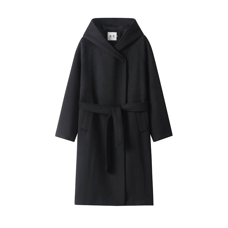 

Зимний шерстяной кашемировый халат с капюшоном: Длинное, Уютное, Поясное Верхнее Пальто Без Пуговиц L чёрный