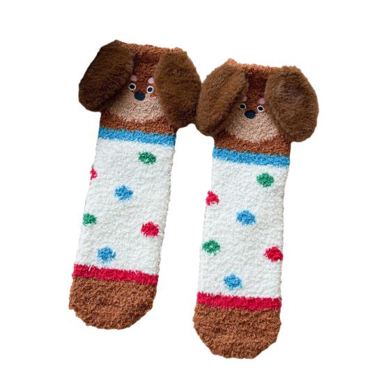 

1 Pair Floor Socks 3D Cartoon Dachshund Design Striped Print Elastic Opening Socks Coral Fleece Thickened Mid-Length Sleeping Socks E