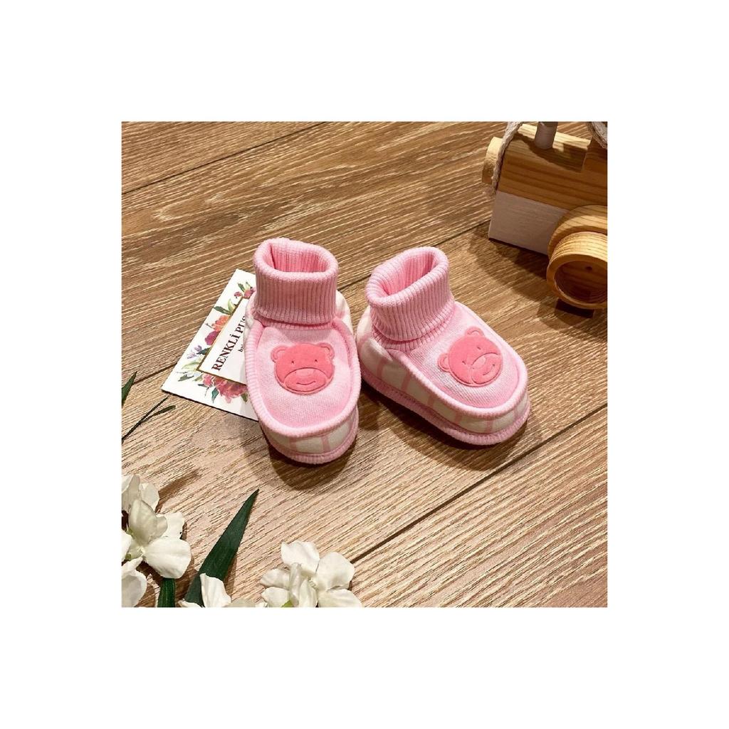 Babyschuhe aus gekämmter Baumwolle, Wildleder, Bär bedruckt, Rosa, Blau, Braun