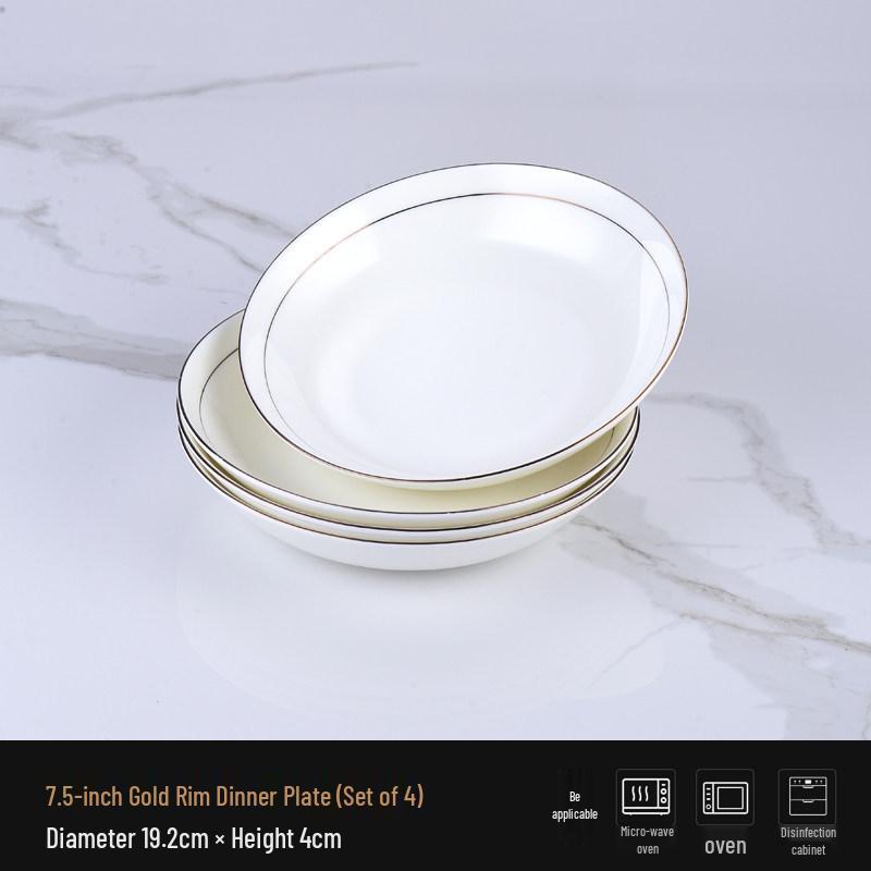 Ceramic Gold Rim Bone China Tableware Set - Microwave Safe Deep Plate, Rice Bowl for Home and Hotel Use.