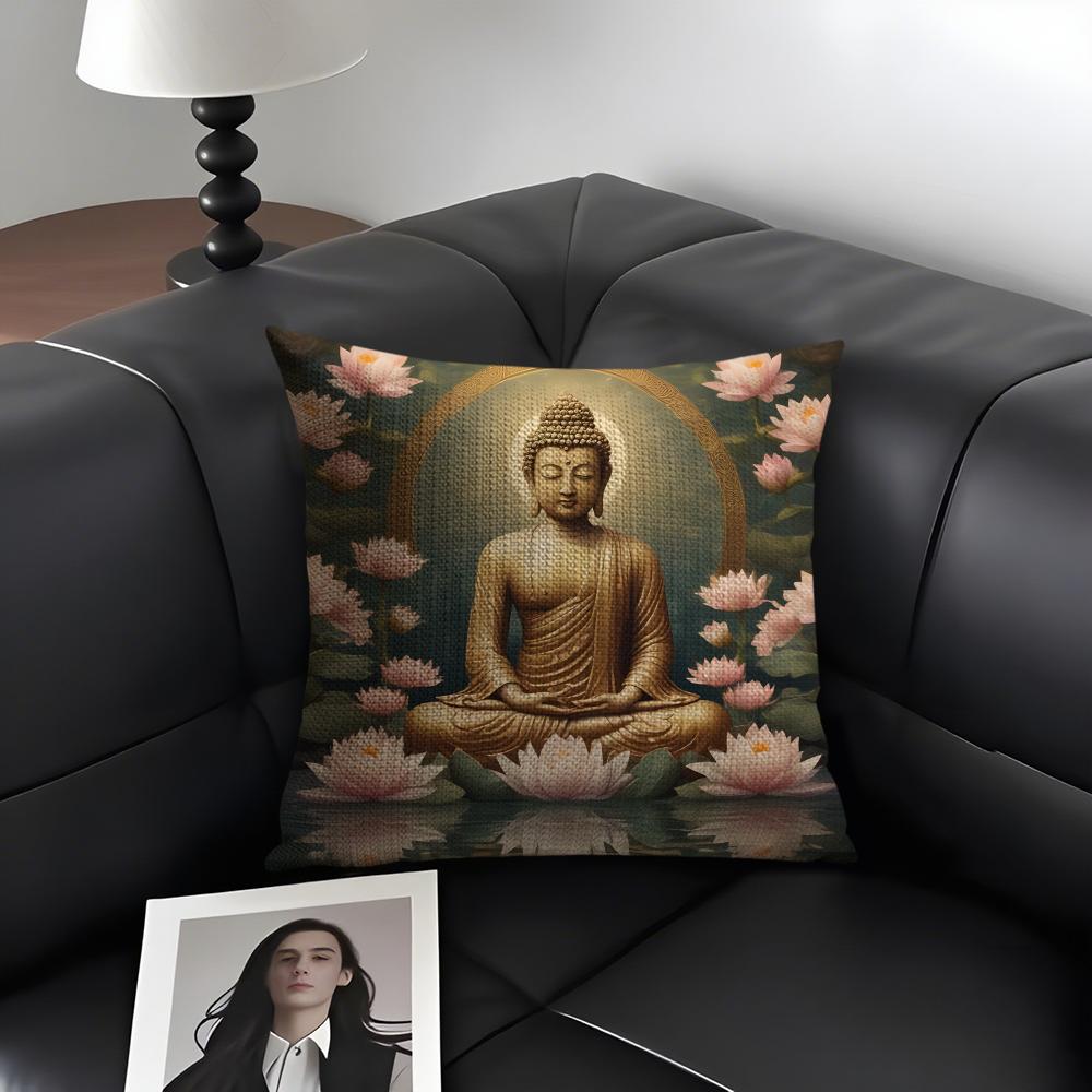 Buddha Statue And Lotus Cushion Cover Natural Linen Organic Fabric DoubleSided Printing Sofa Home Decor Gift Pillow Case