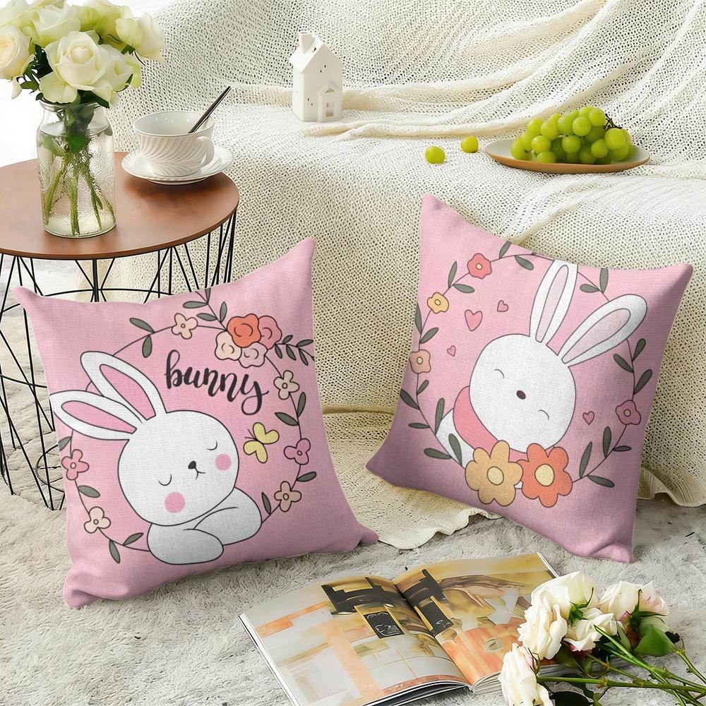 Cute Bunny Easter Cushion Cover Natural Linen Organic Fabric Double-Sided Printing Sofa Home Decor Gift Pillow Cover