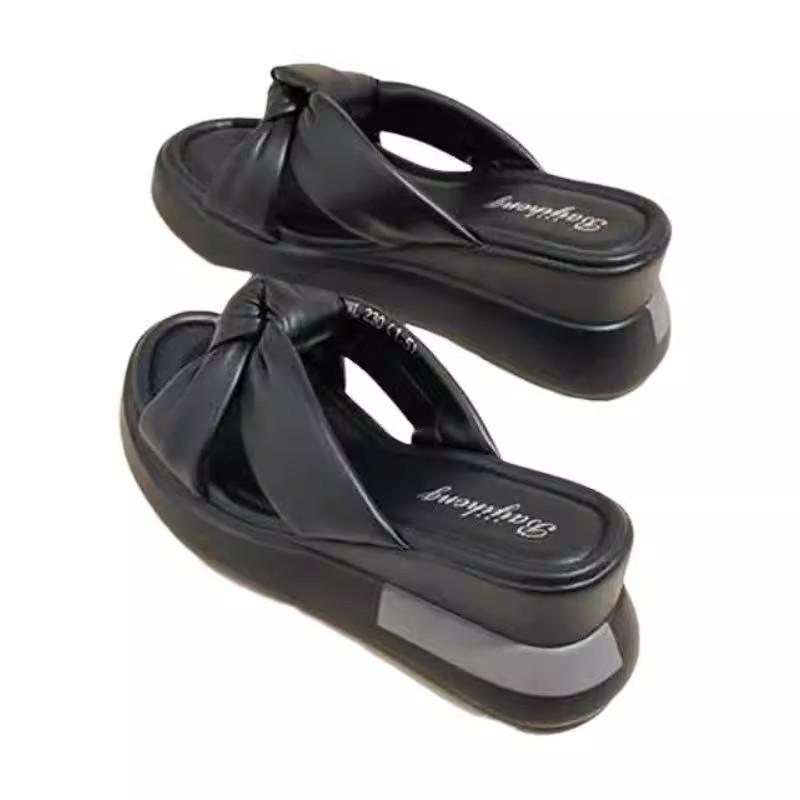 Summer fashion outer wear women's slippers high heel new soft leather bow wedge heel women's fashion cool slippers
