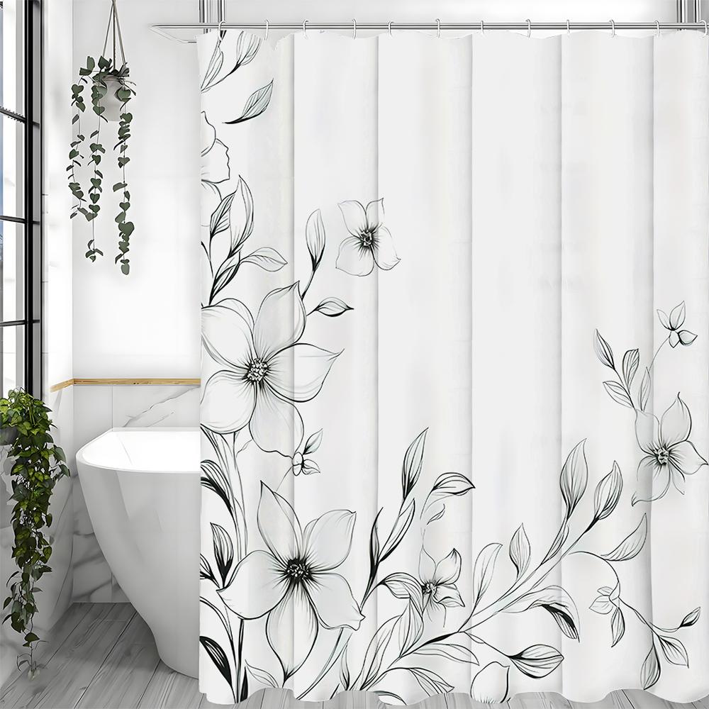 

Black and White Floral Botanical Shower Curtain, Bathroom Decorative Shower Curtain, Waterproof Shower Curtain with Hooks 90*180cm
