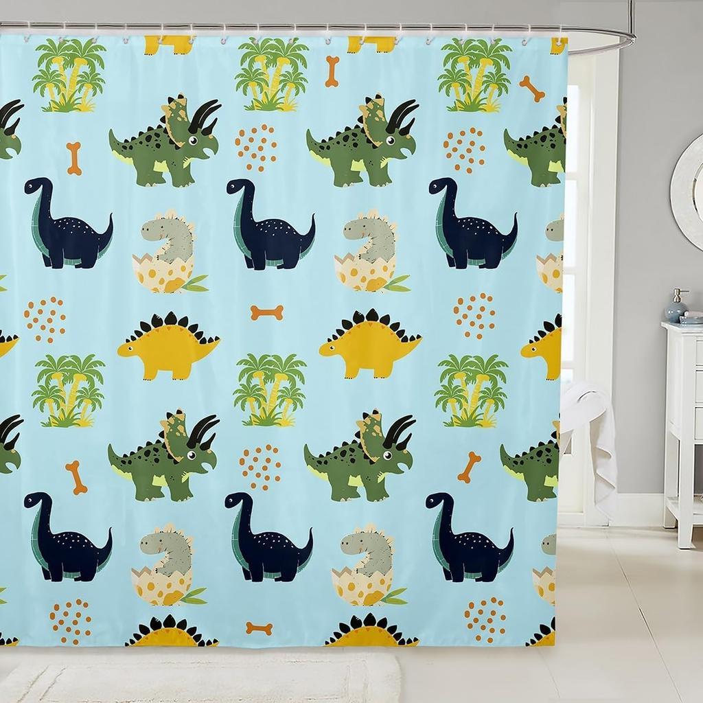 Cartoon Dinosaur Shower Curtain Coconut Tree Hawaii Tropical Bathroom Shower Curtain Sets | Ancient Wild Animals Waterproof