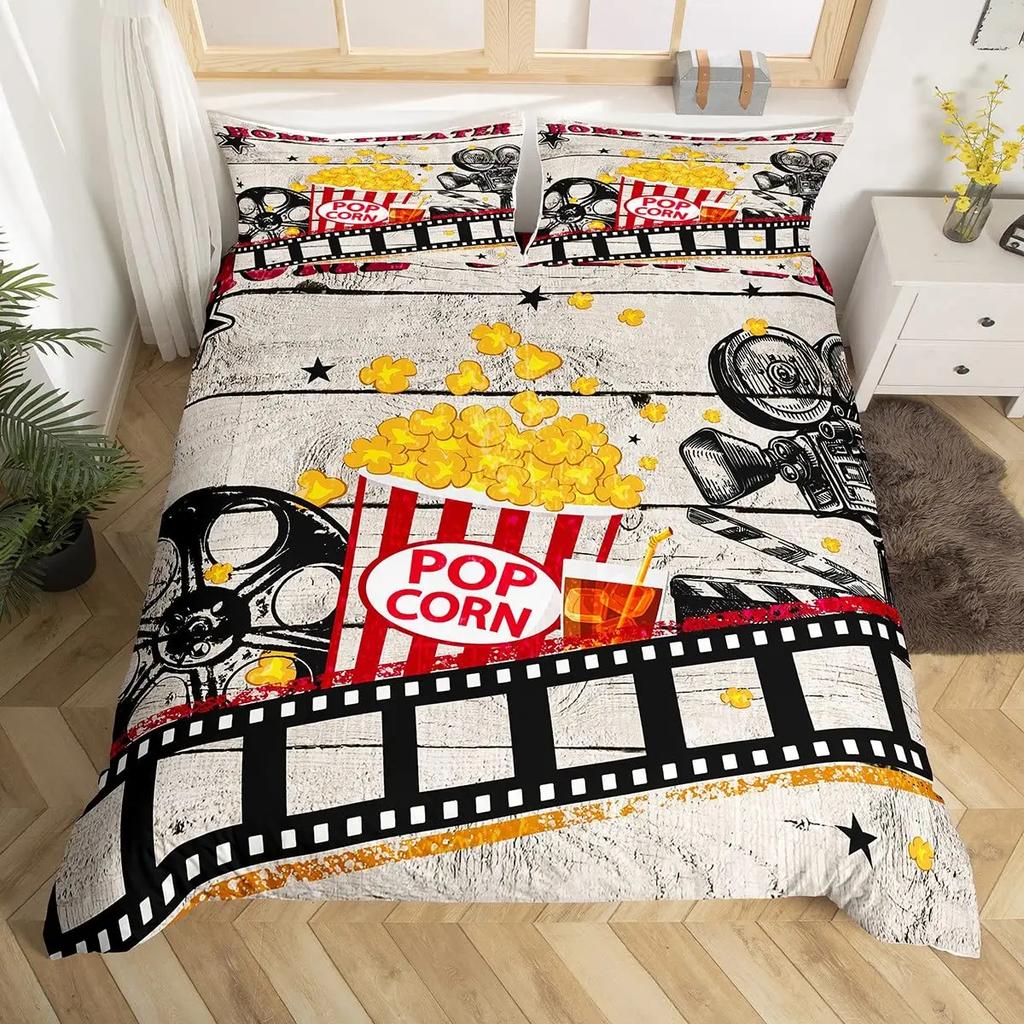 Popcorn Duvet Cover Movie Theater Food Bedding Set Microfiber Cinema Poster Comforter Cover Twin Full For Kids Teens Room Decor