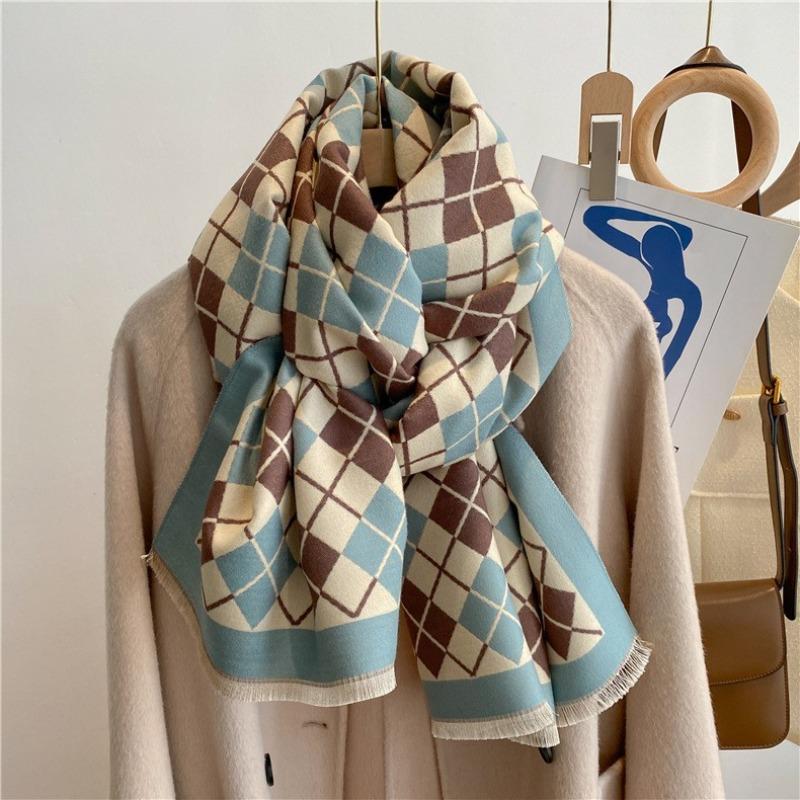 

Sweet plaid scarf women s winter versatile long thickened warm imitation cashmere scarf shawl dual-purpose 180x65cm светло-синий
