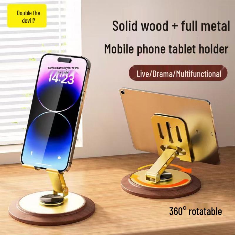 Tycoon Gold Rotating Metal Phone & Tablet Stand with Wooden Base