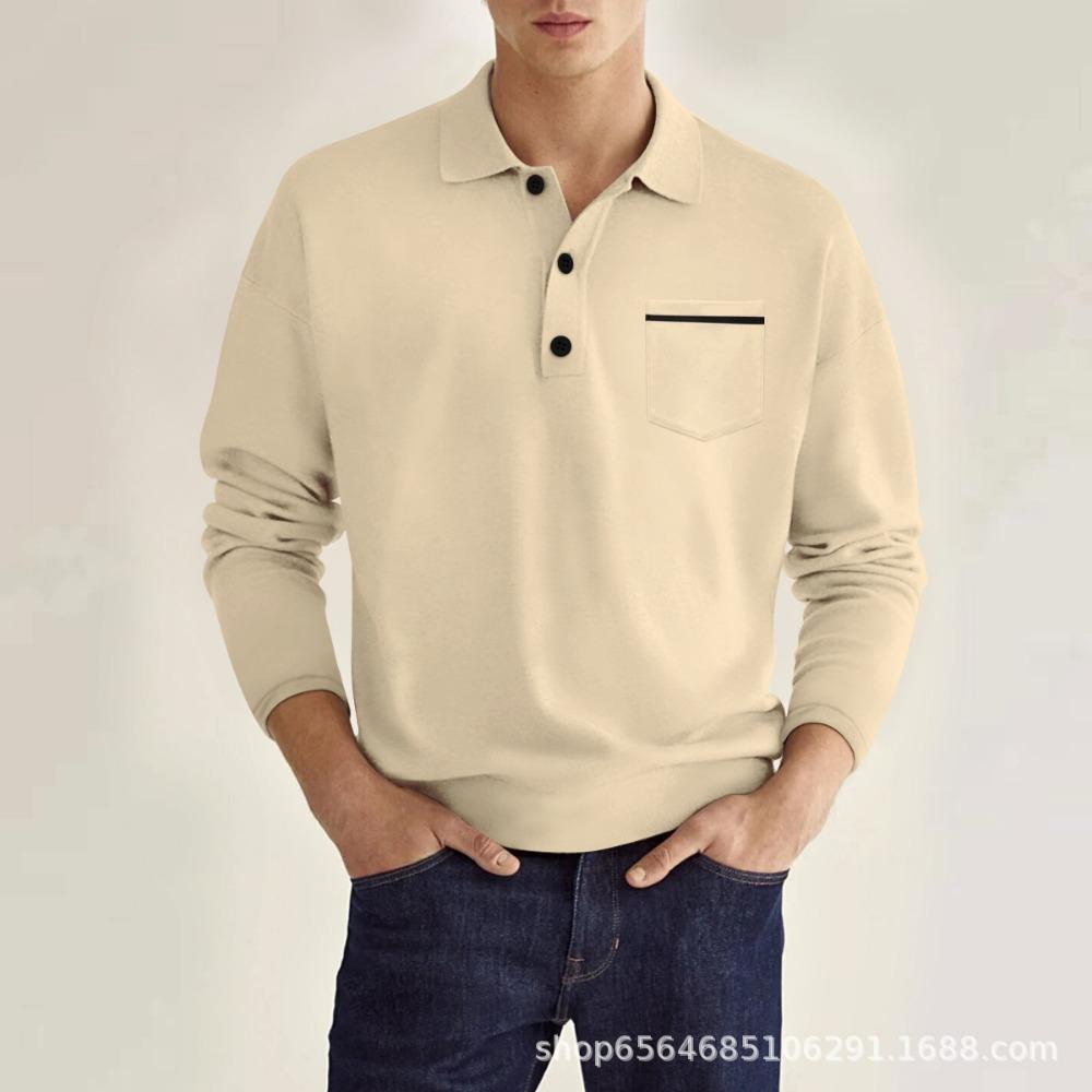 Spring Long Sleeved V-neck Men's Casual Top Polo Shirt