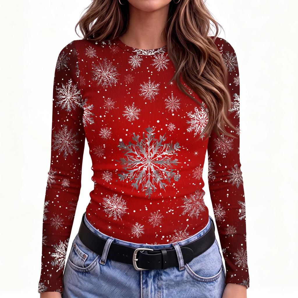 Women's Slim Fit Christmas Print Long Sleeve T-Shirt Round Neck Casual Holiday Top
